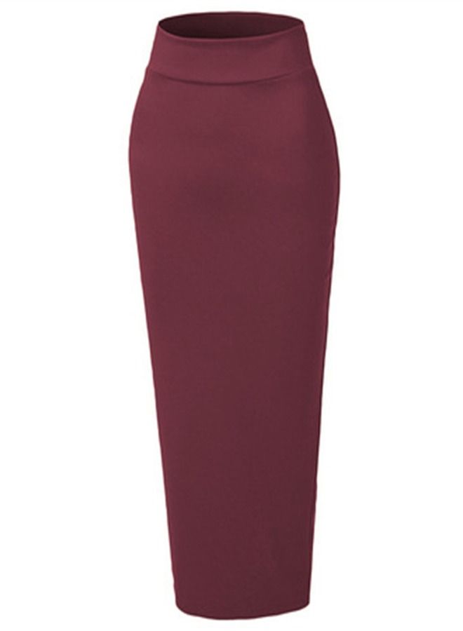 High Waist Tight Solid Color Skirt Wine Red