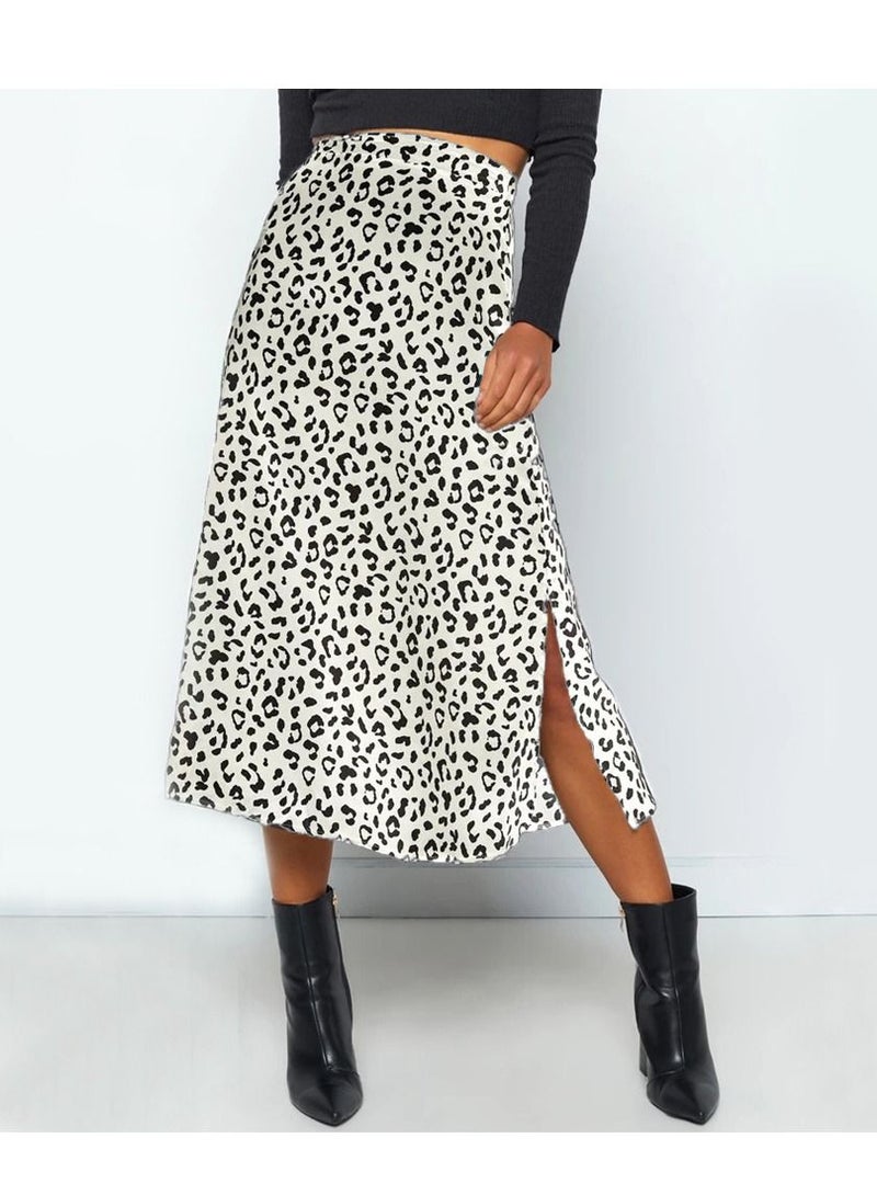 Women's Leopard Chiffon Print Slit Zipper High Waist Skirt