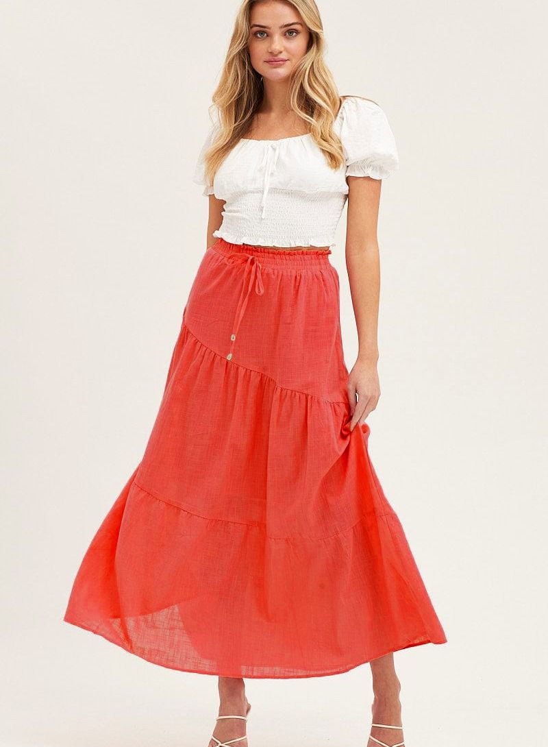 Women's High Waist Solid Color Cottonfabric Elastic Waist Large Swing Pleated Skirt