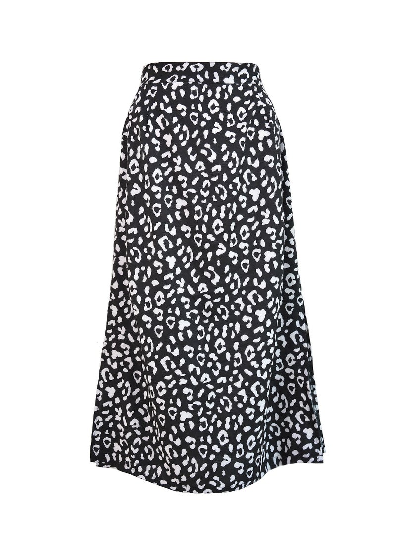 Women's Leopard Chiffon Print Slit Zipper High Waist Skirt