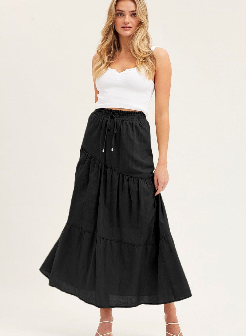 Women's High Waist Solid Color Cottonfabric Elastic Waist Large Swing Pleated Skirt