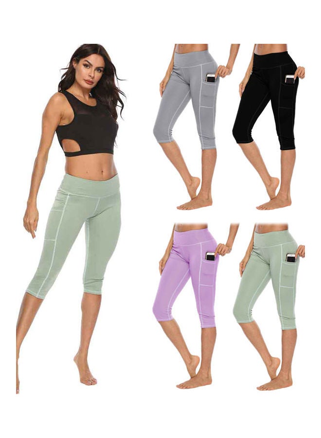 Side Pockets High Waist Elastic Yoga Sport Running Skinny Shorts Pants Black