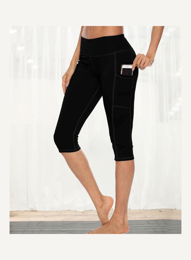 Side Pockets High Waist Elastic Yoga Sport Running Skinny Shorts Pants Black