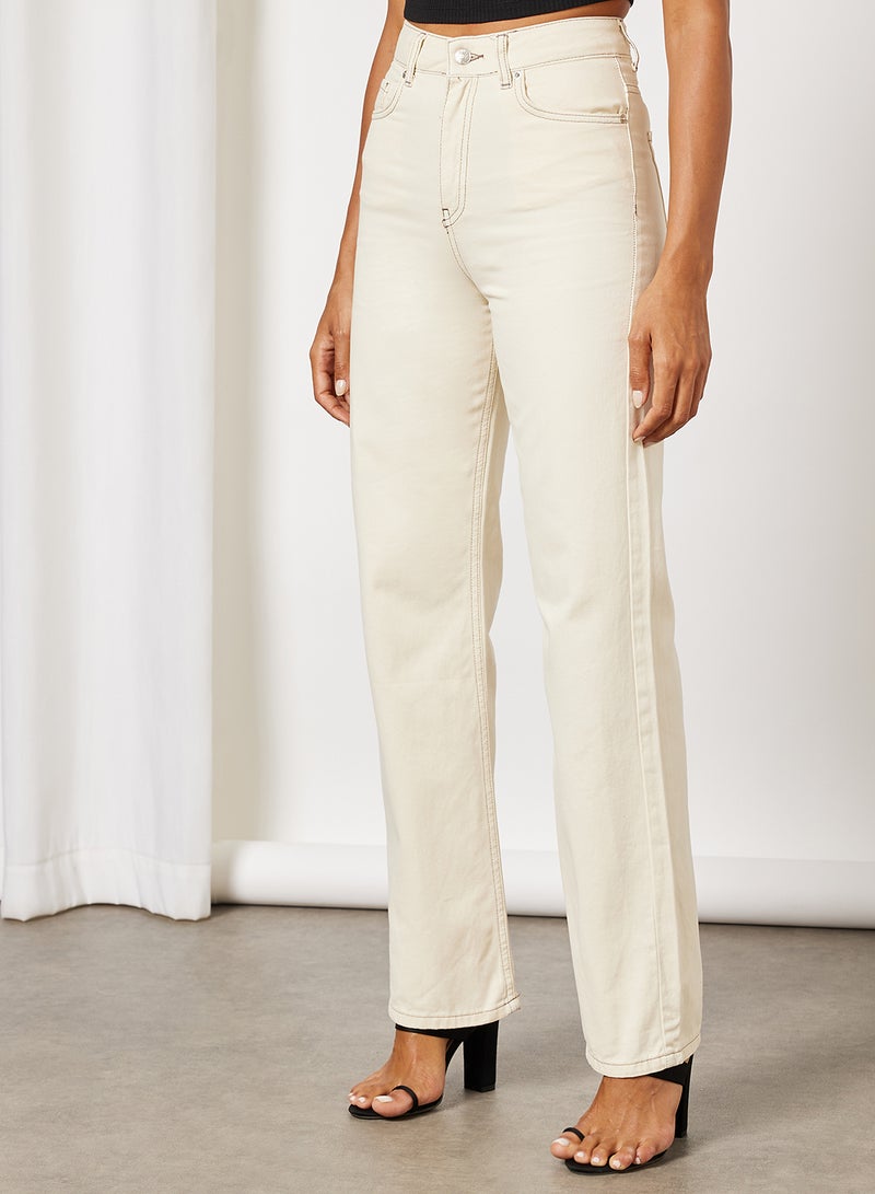 Straight Fit Cotton Jeans Ivory