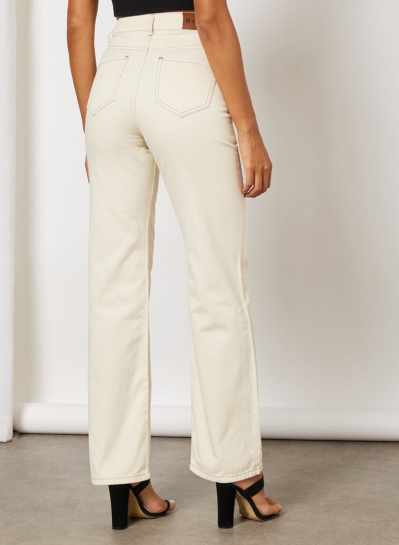 Straight Fit Cotton Jeans Ivory