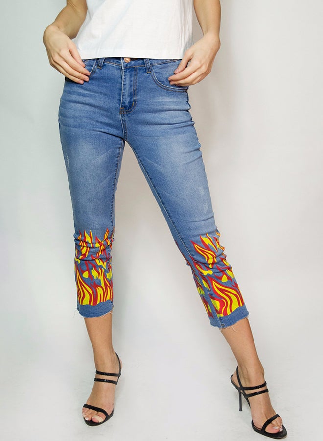 Mid Rise Fire Printed Jeans Blue/Yellow/Red