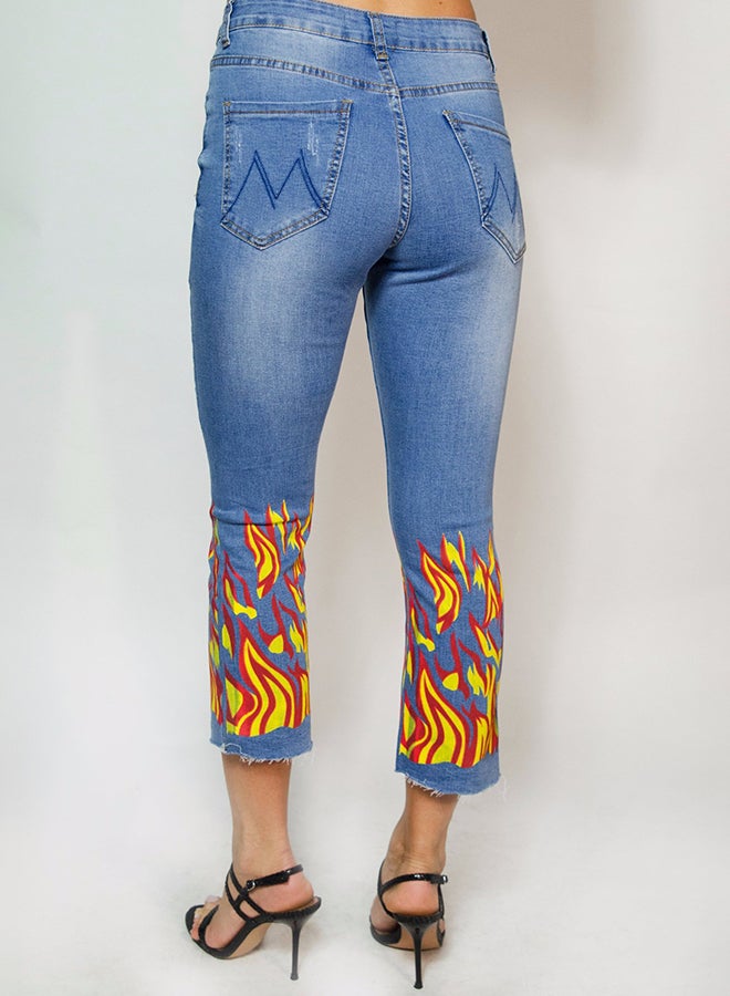 Mid Rise Fire Printed Jeans Blue/Yellow/Red