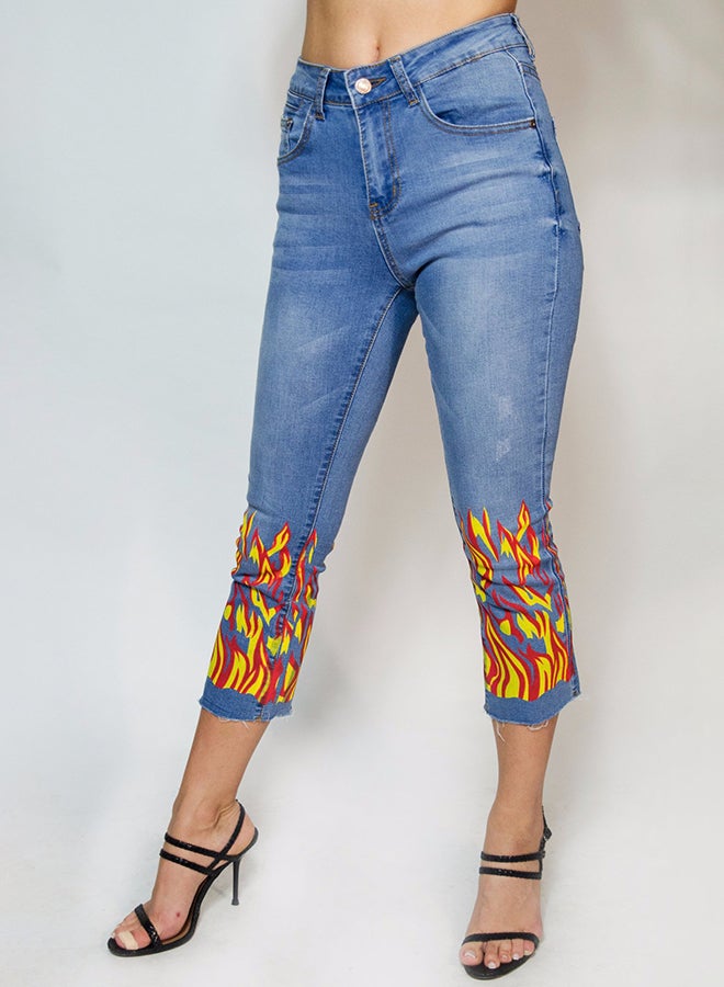 Mid Rise Fire Printed Jeans Blue/Yellow/Red