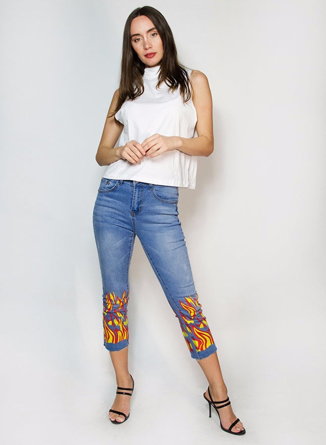 Mid Rise Fire Printed Jeans Blue/Yellow/Red