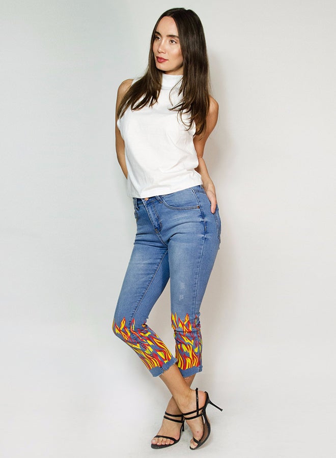 Mid Rise Fire Printed Jeans Blue/Yellow/Red