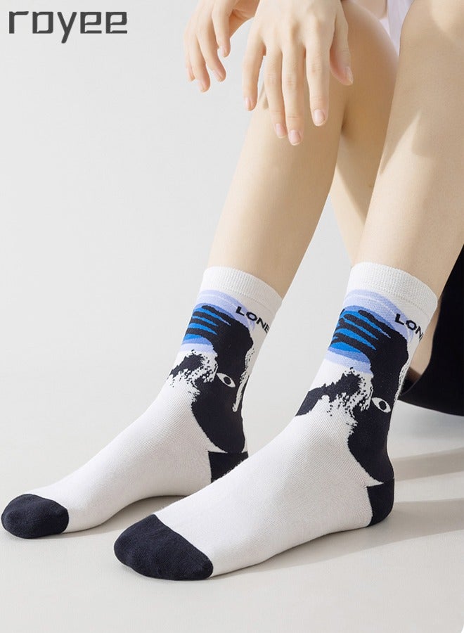 5 Pairs Of Pure Cotton Socks For Girls, Pink Geometric Art Printing cotton Socks For Women Middle cylinder Socks for Seasonal Styles
