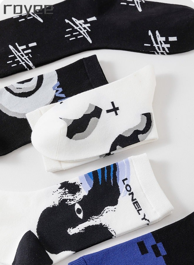 5 Pairs Of Pure Cotton Socks For Girls, Pink Geometric Art Printing cotton Socks For Women Middle cylinder Socks for Seasonal Styles