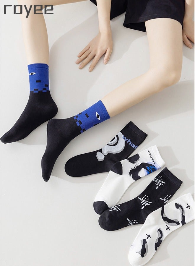 5 Pairs Of Pure Cotton Socks For Girls, Pink Geometric Art Printing cotton Socks For Women Middle cylinder Socks for Seasonal Styles