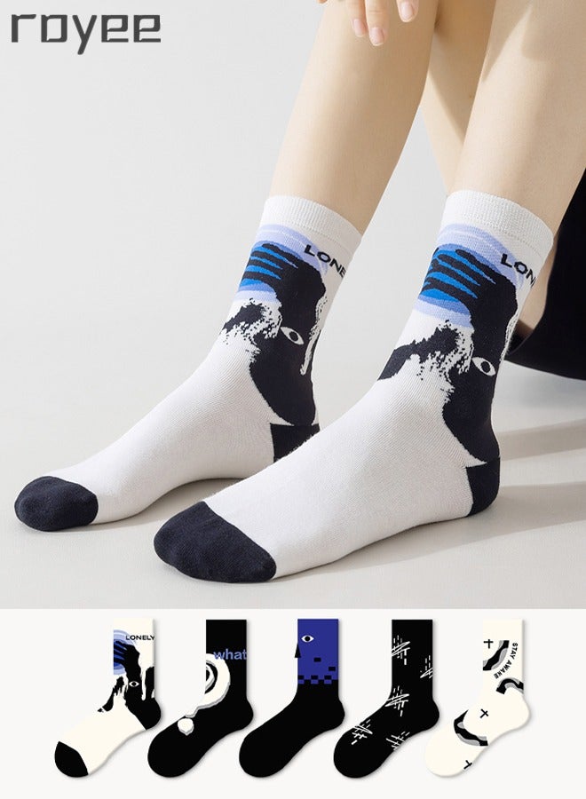 5 Pairs Of Pure Cotton Socks For Girls, Pink Geometric Art Printing cotton Socks For Women Middle cylinder Socks for Seasonal Styles