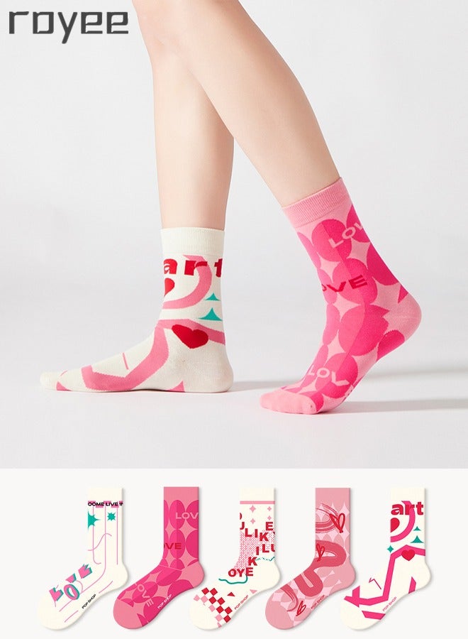 5 Pairs Of Pure Cotton Socks For Girls, Pink Geometric Art Printing cotton Socks For Women Middle cylinder Socks for Seasonal Styles