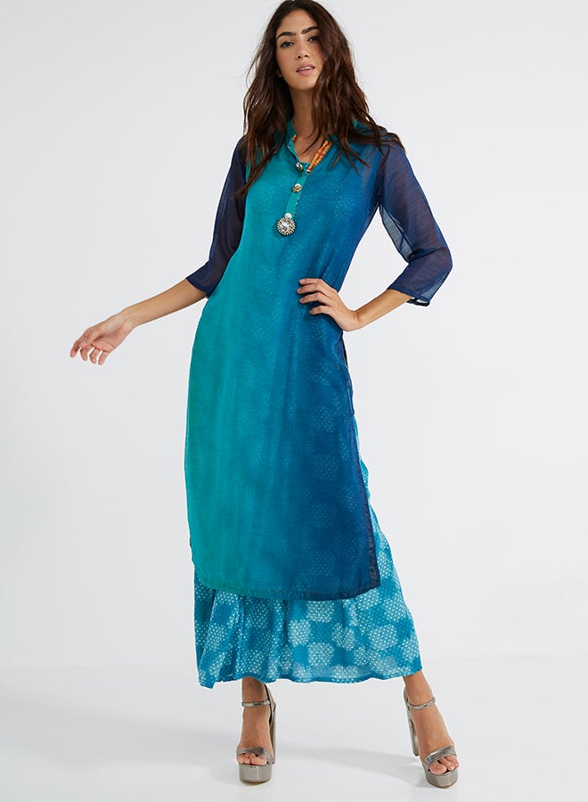 Three-Quarter Sleeve Coastal Scents Kurti Bluish Green