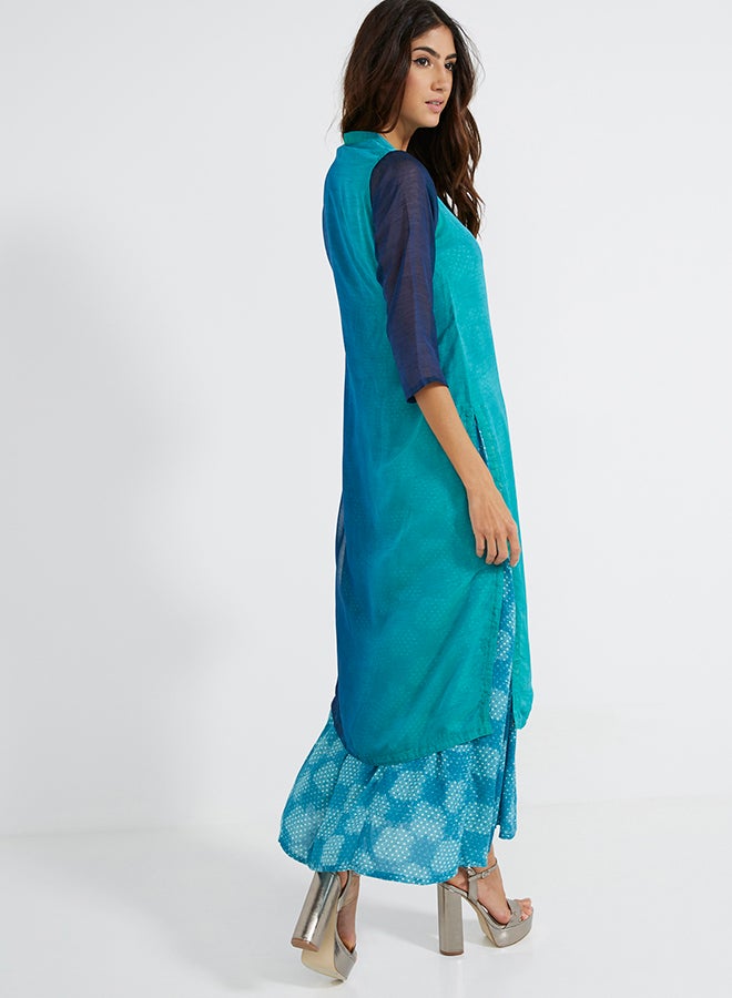 Three-Quarter Sleeve Coastal Scents Kurti Bluish Green