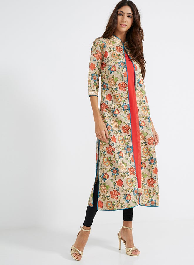 Three-Quarter Sleeve Painterly Floral Kurti Shimmery Light/Gold