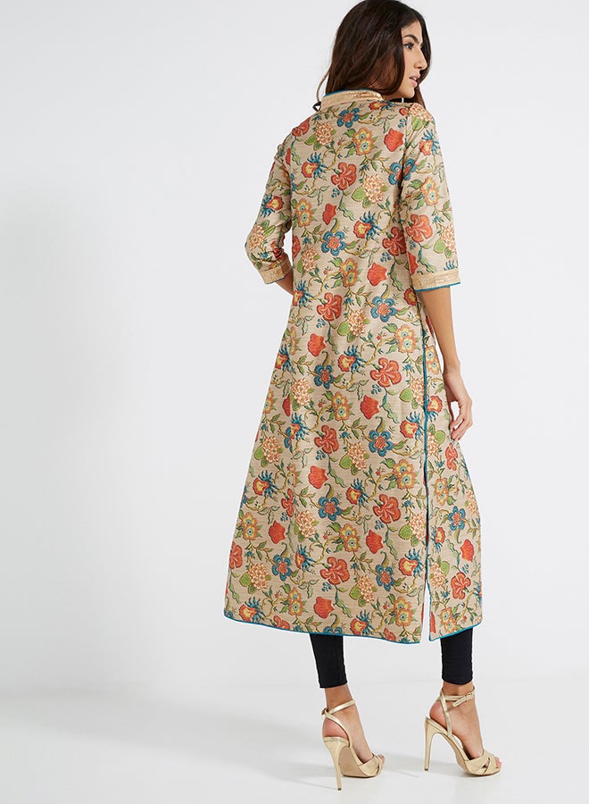 Three-Quarter Sleeve Painterly Floral Kurti Shimmery Light/Gold