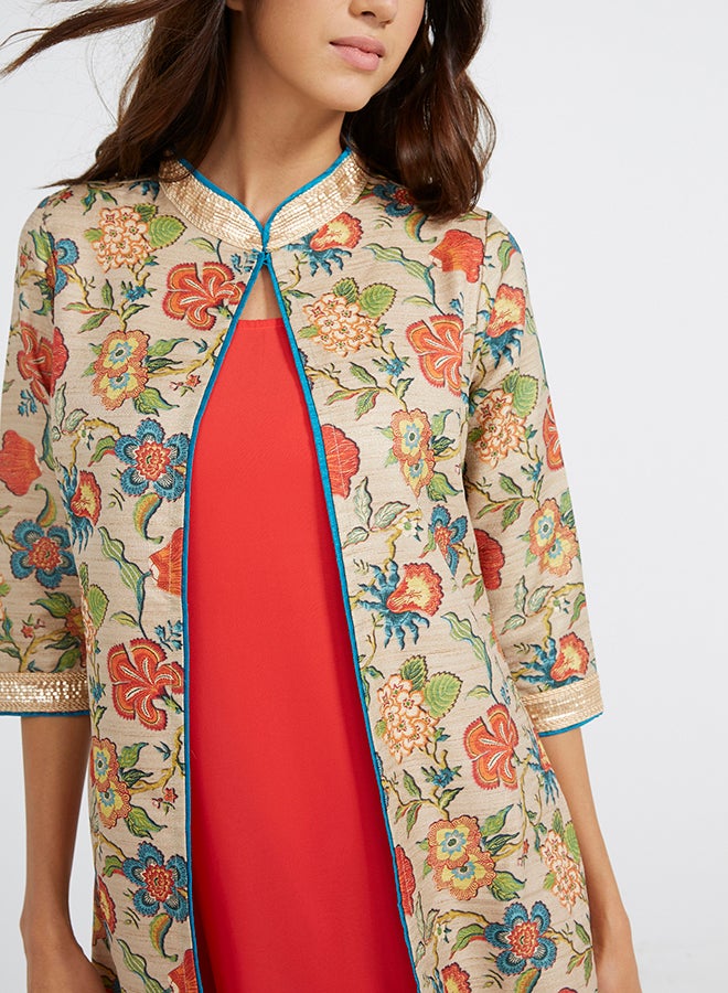 Three-Quarter Sleeve Painterly Floral Kurti Shimmery Light/Gold