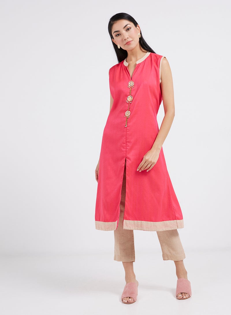 V-Neck Sleeveless Kurta Rani Pink/Beige