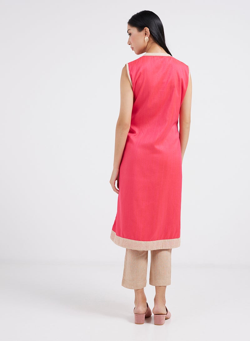 V-Neck Sleeveless Kurta Rani Pink/Beige
