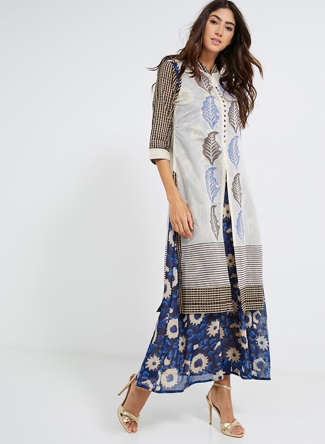 Three-Quarter Sleeve Moon Dust Kurti Shimmery Creamish/Gold