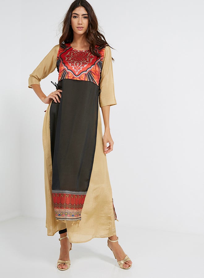 Long Sleeve Abstract Infusion Kurti Black/Red/Beige