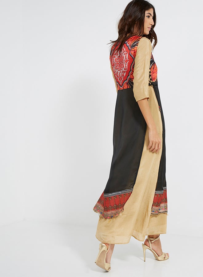 Long Sleeve Abstract Infusion Kurti Black/Red/Beige
