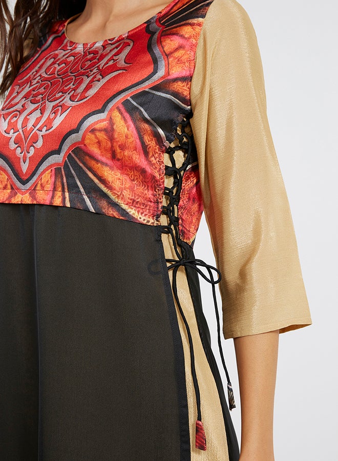Long Sleeve Abstract Infusion Kurti Black/Red/Beige