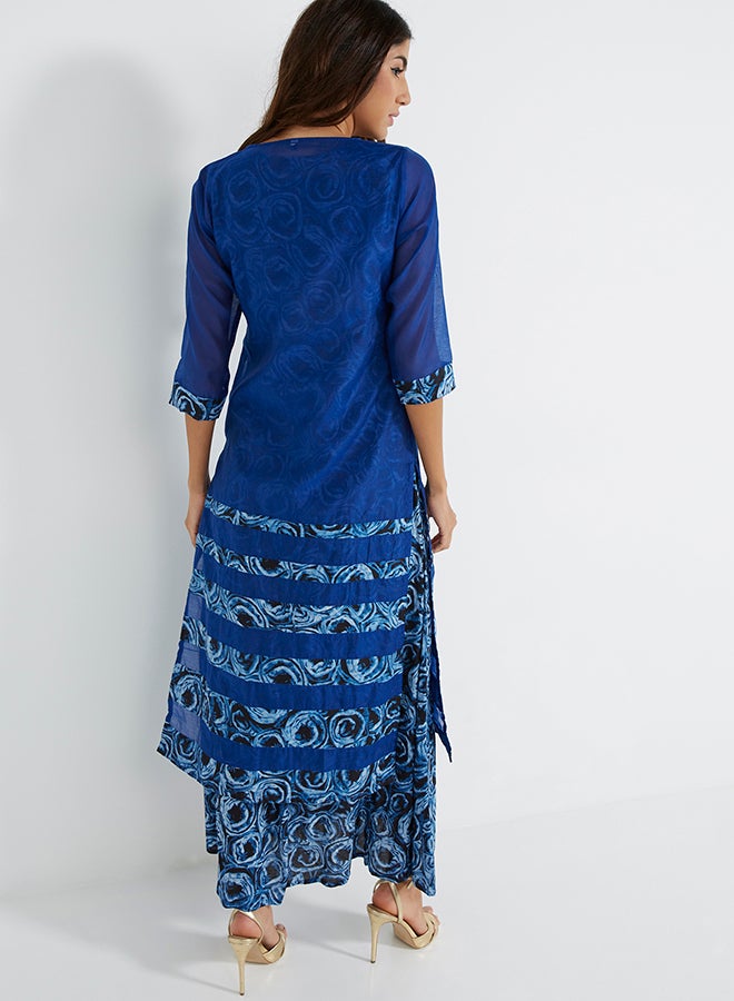 Three-Quarter Sleeve Abstract Mist Kurti Royal Blue