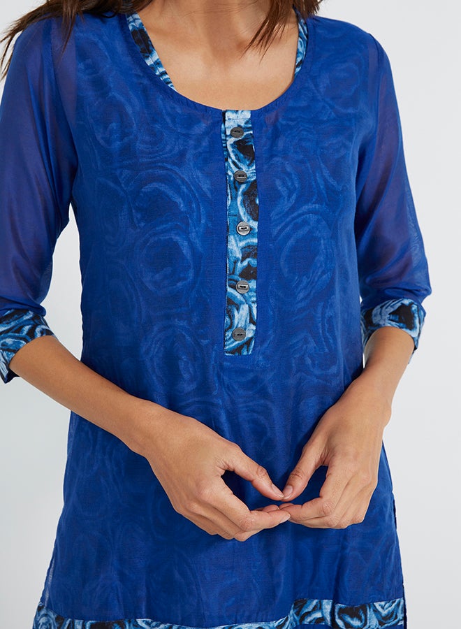 Three-Quarter Sleeve Abstract Mist Kurti Royal Blue