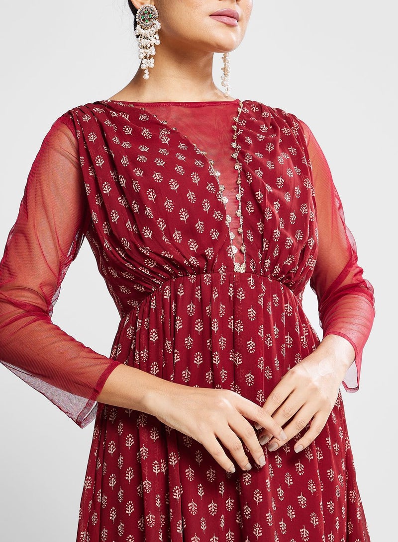 Printed Surplice Neck Belted Kurti