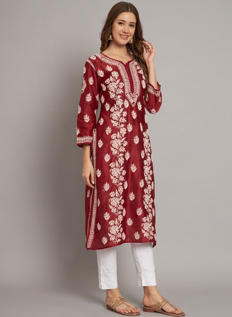 Women  Floral Embroidered Chikankari Cotton kurta-AL3670