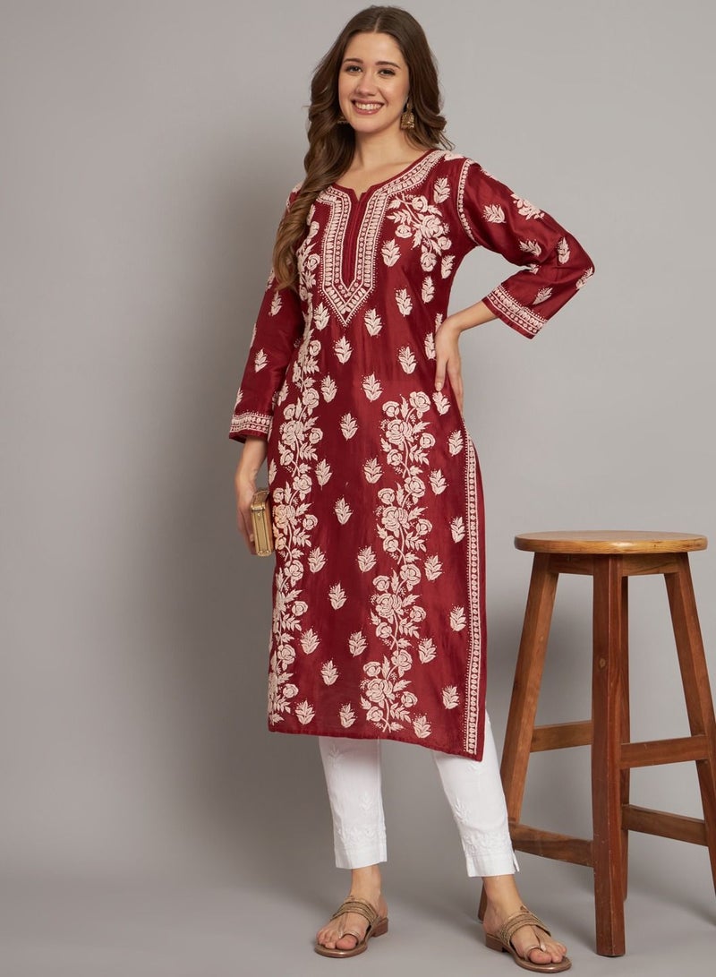 Women  Floral Embroidered Chikankari Cotton kurta-AL3670