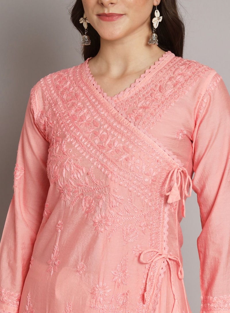 Hand Embroidered Chikankari A-Line Chanderi Cotton Angarkha Kurta-AL3667