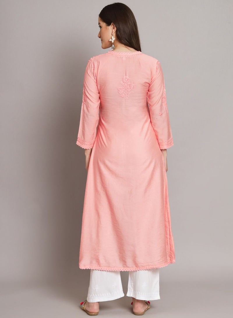 Hand Embroidered Chikankari A-Line Chanderi Cotton Angarkha Kurta-AL3667