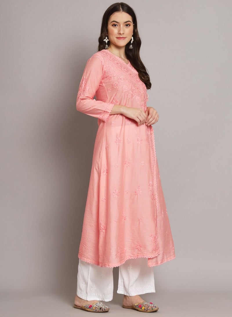 Hand Embroidered Chikankari A-Line Chanderi Cotton Angarkha Kurta-AL3667