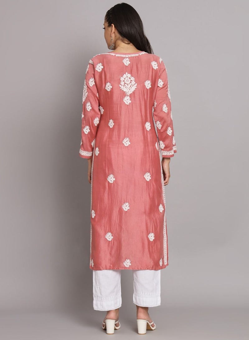 Hand Embroidered Chikankari Chanderi Angarkha Kurta With Mukaish Work-AL3672