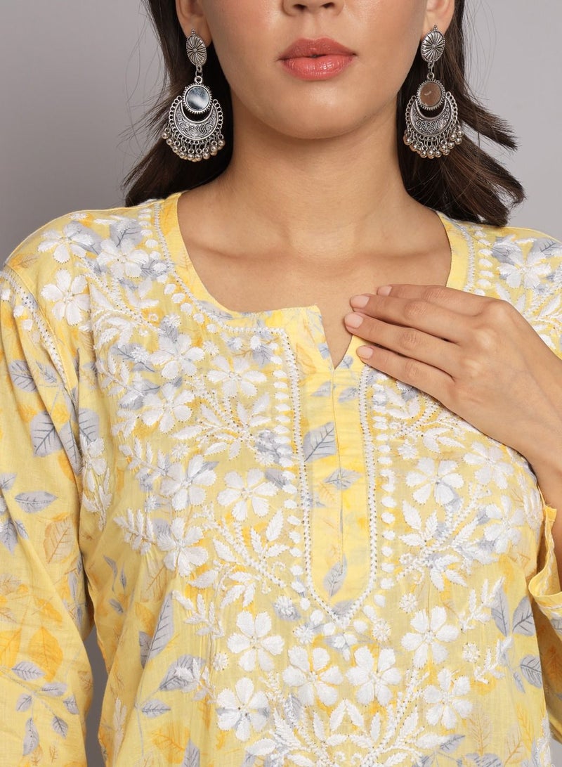 Hand Embroidered Chikan Printed Mulmul Straight Kurta-AL3680