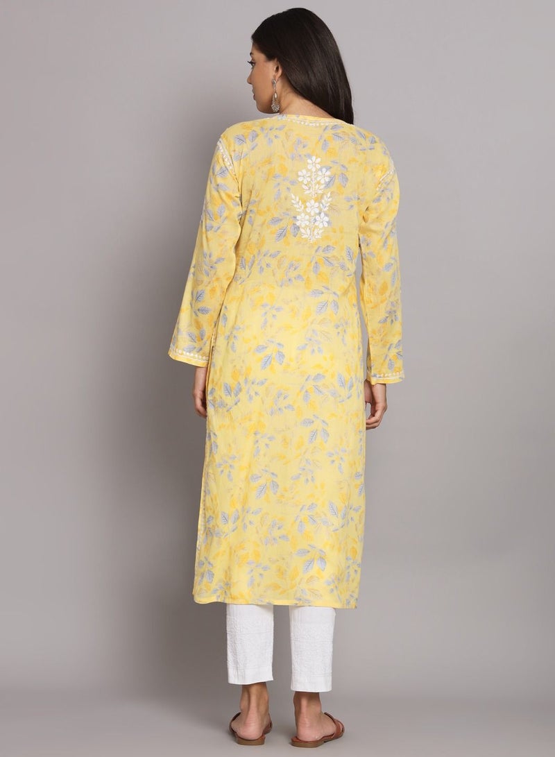 Hand Embroidered Chikan Printed Mulmul Straight Kurta-AL3680