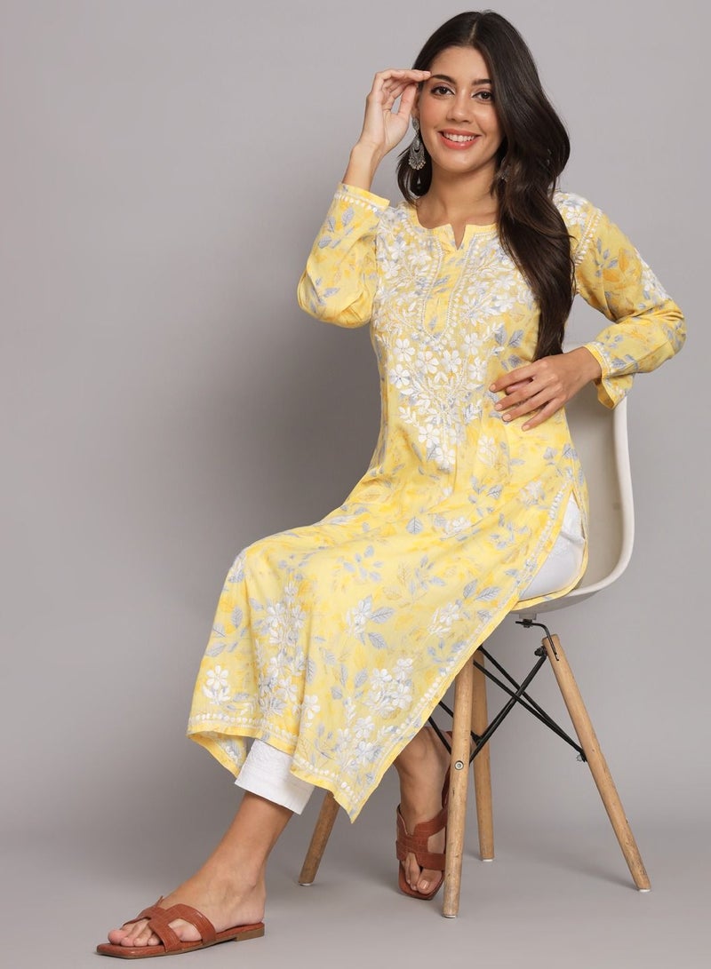 Hand Embroidered Chikan Printed Mulmul Straight Kurta-AL3680