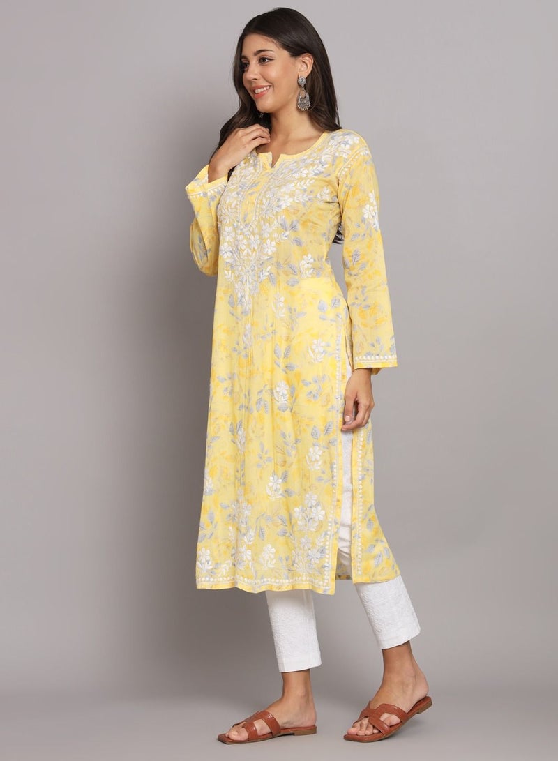 Hand Embroidered Chikan Printed Mulmul Straight Kurta-AL3680