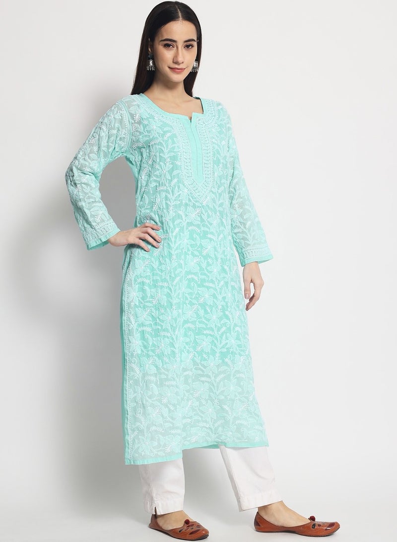 Hand Embroidered Chikankari Cotton Straight Kurta-AL3592