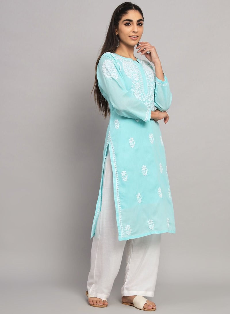 Hand Embroidered Chikankari Cotton Straight Kurta-AL3561