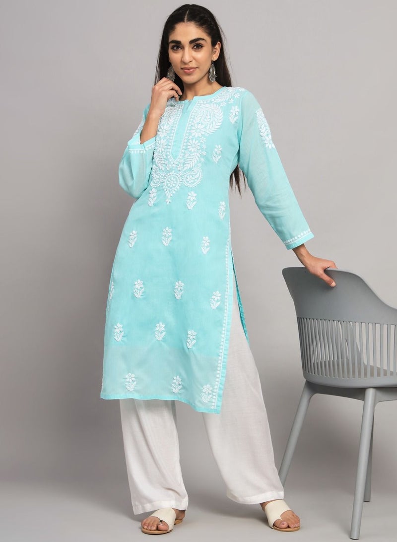 Hand Embroidered Chikankari Cotton Straight Kurta-AL3561