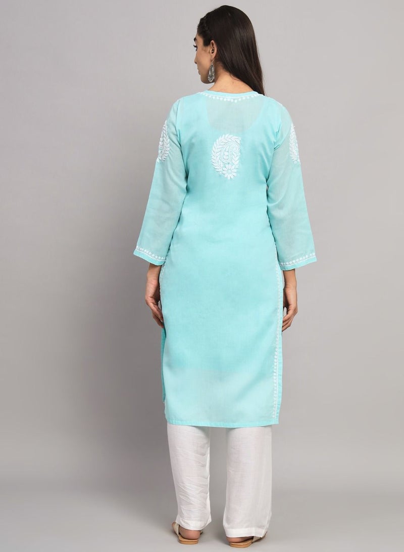 Hand Embroidered Chikankari Cotton Straight Kurta-AL3561