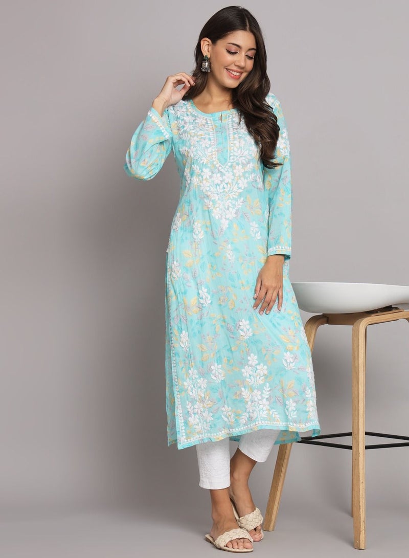 Hand Embroidered Chikan Printed Mulmul Straight Kurta-AL3680