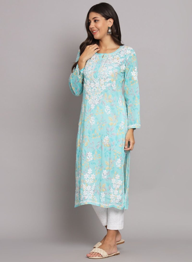 Hand Embroidered Chikan Printed Mulmul Straight Kurta-AL3680