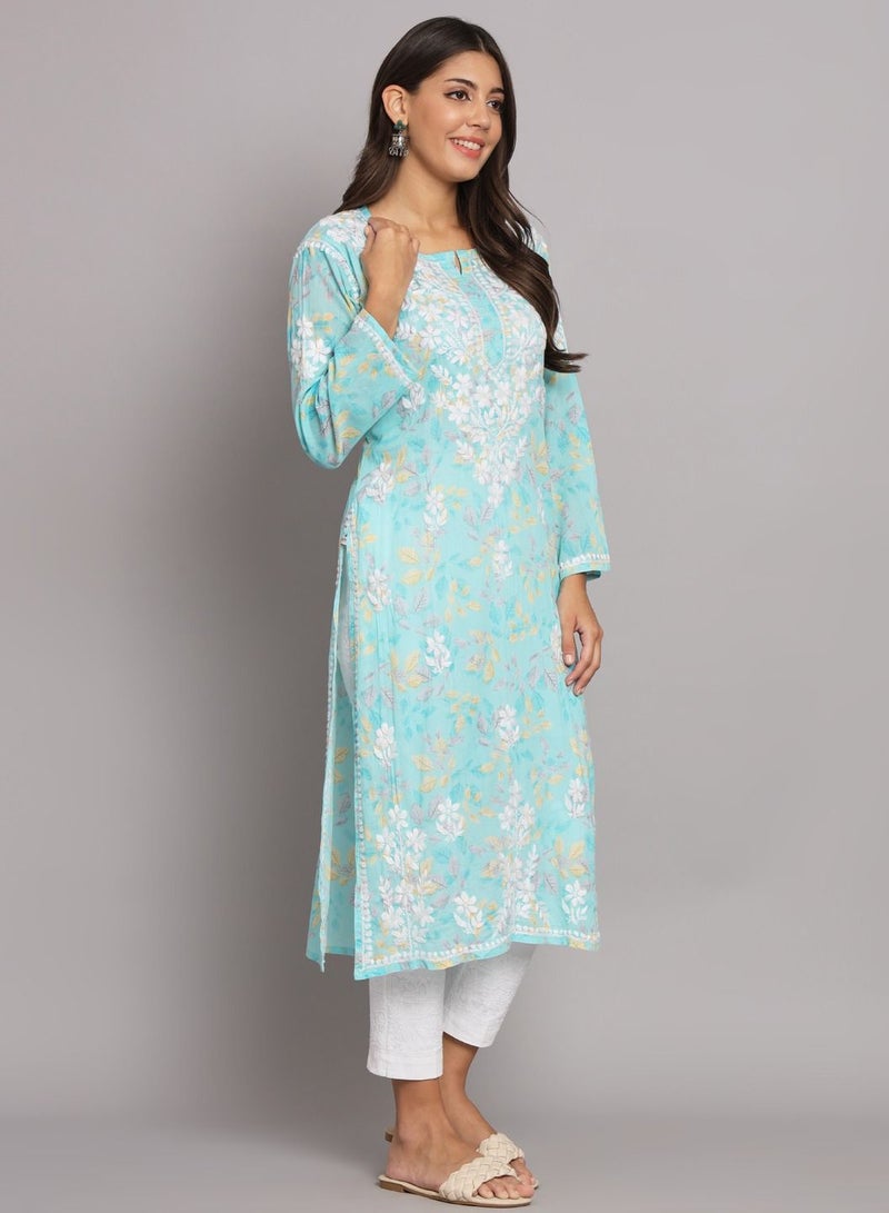 Hand Embroidered Chikan Printed Mulmul Straight Kurta-AL3680